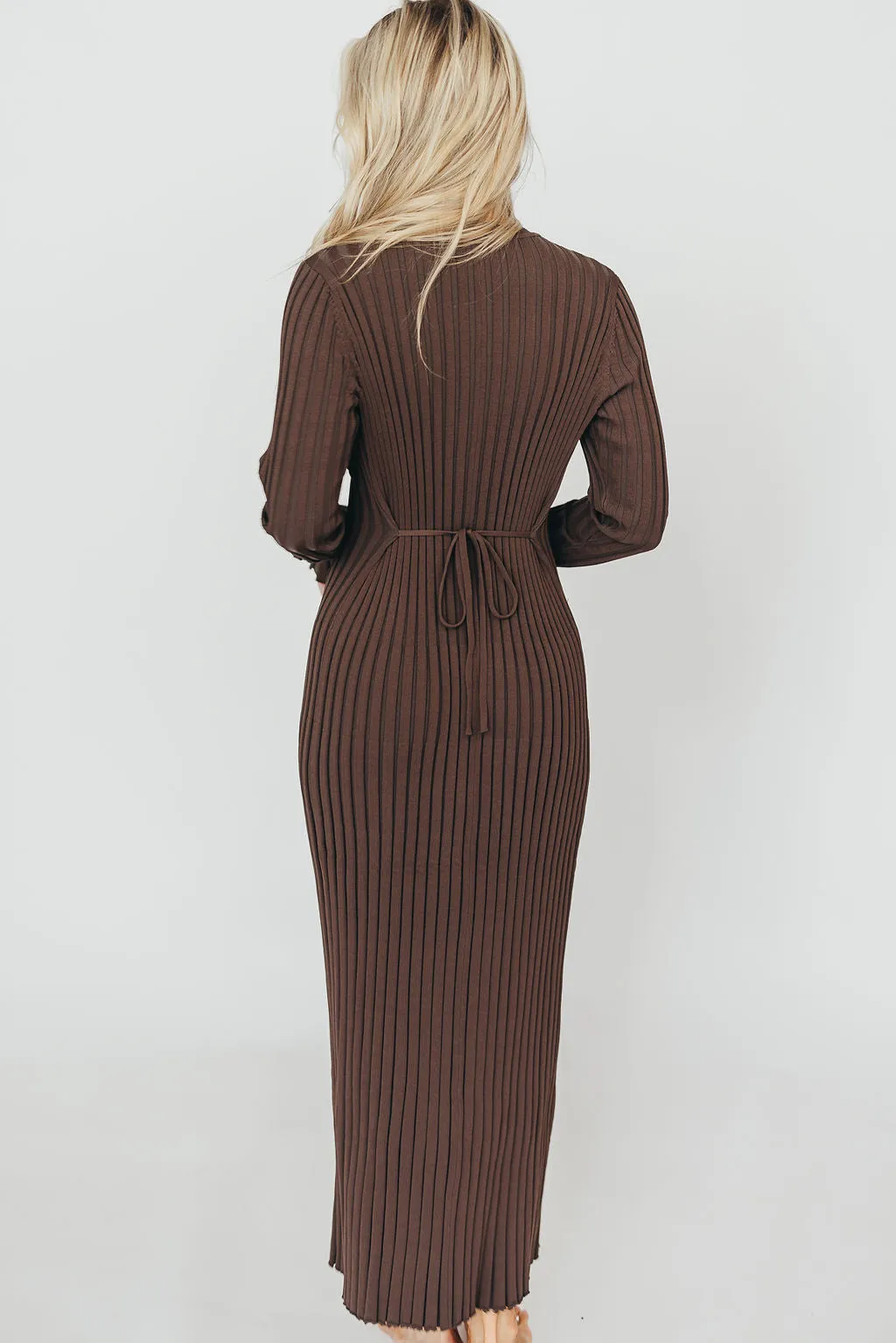 Colette Premium Long Sleeved Ribbed Knit Maxi Dress in Brown - Bump Friendly