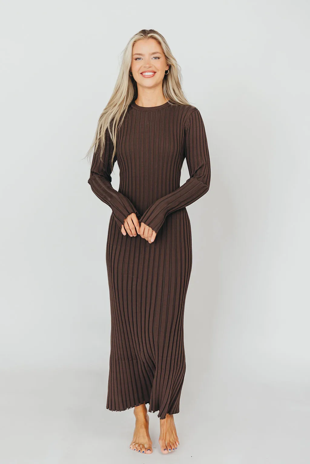 Colette Premium Long Sleeved Ribbed Knit Maxi Dress in Brown - Bump Friendly