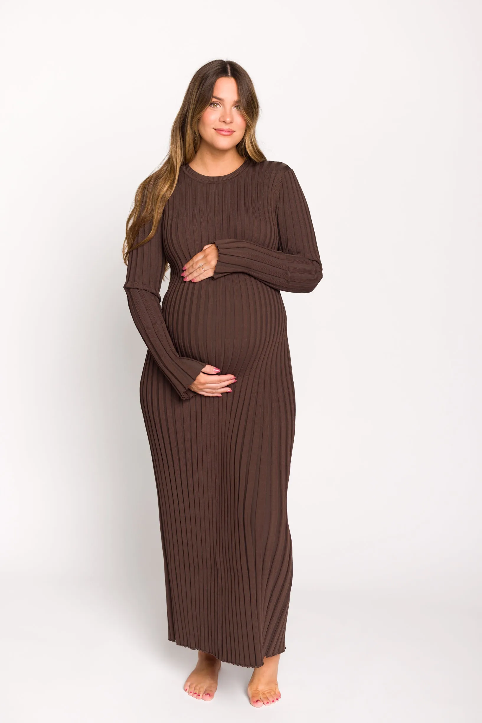 Colette Premium Long Sleeved Ribbed Knit Maxi Dress in Brown - Bump Friendly