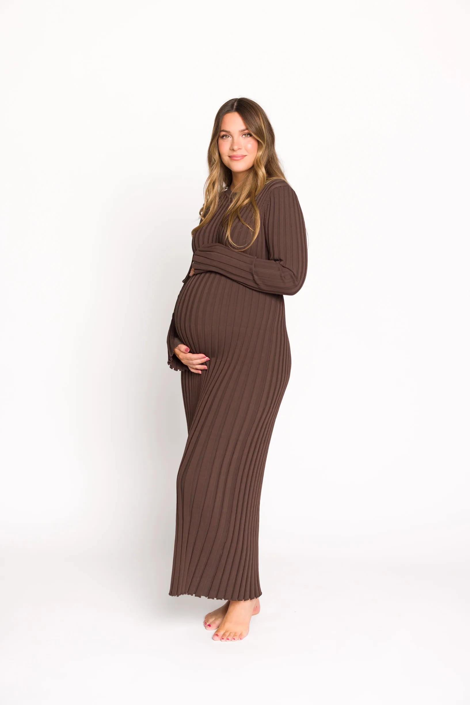 Colette Premium Long Sleeved Ribbed Knit Maxi Dress in Brown - Bump Friendly