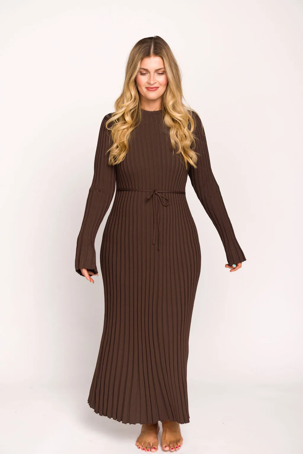 Colette Premium Long Sleeved Ribbed Knit Maxi Dress in Brown - Bump Friendly