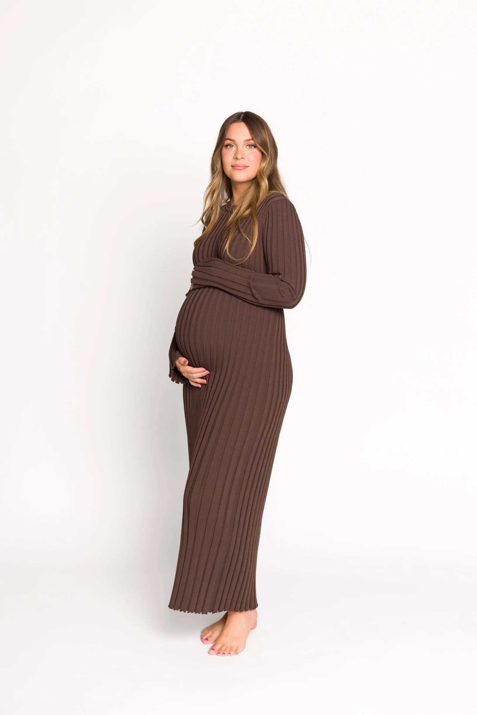 Colette Premium Long Sleeved Ribbed Knit Maxi Dress in Brown - Bump Friendly