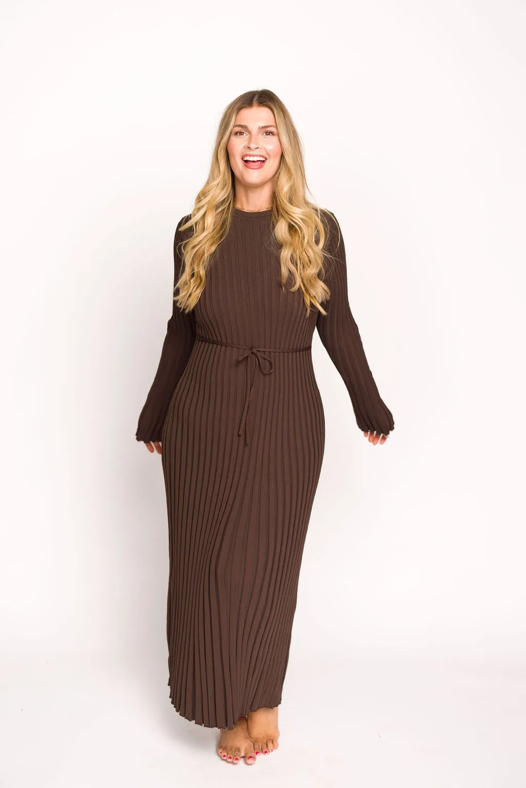 Colette Premium Long Sleeved Ribbed Knit Maxi Dress in Brown - Bump Friendly