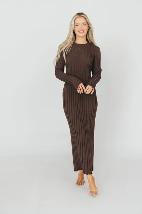 Colette Premium Long Sleeved Ribbed Knit Maxi Dress in Brown - Bump Friendly