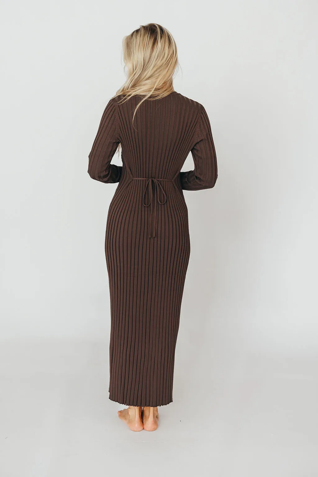 Colette Premium Long Sleeved Ribbed Knit Maxi Dress in Brown - Bump Friendly