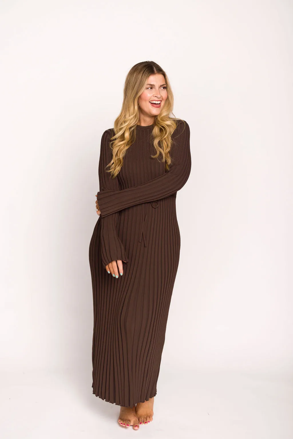 Colette Premium Long Sleeved Ribbed Knit Maxi Dress in Brown - Bump Friendly