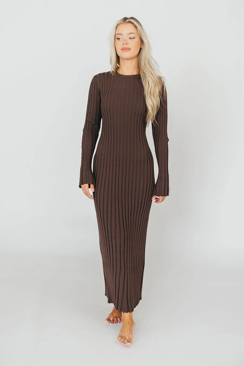 Colette Premium Long Sleeved Ribbed Knit Maxi Dress in Brown - Bump Friendly