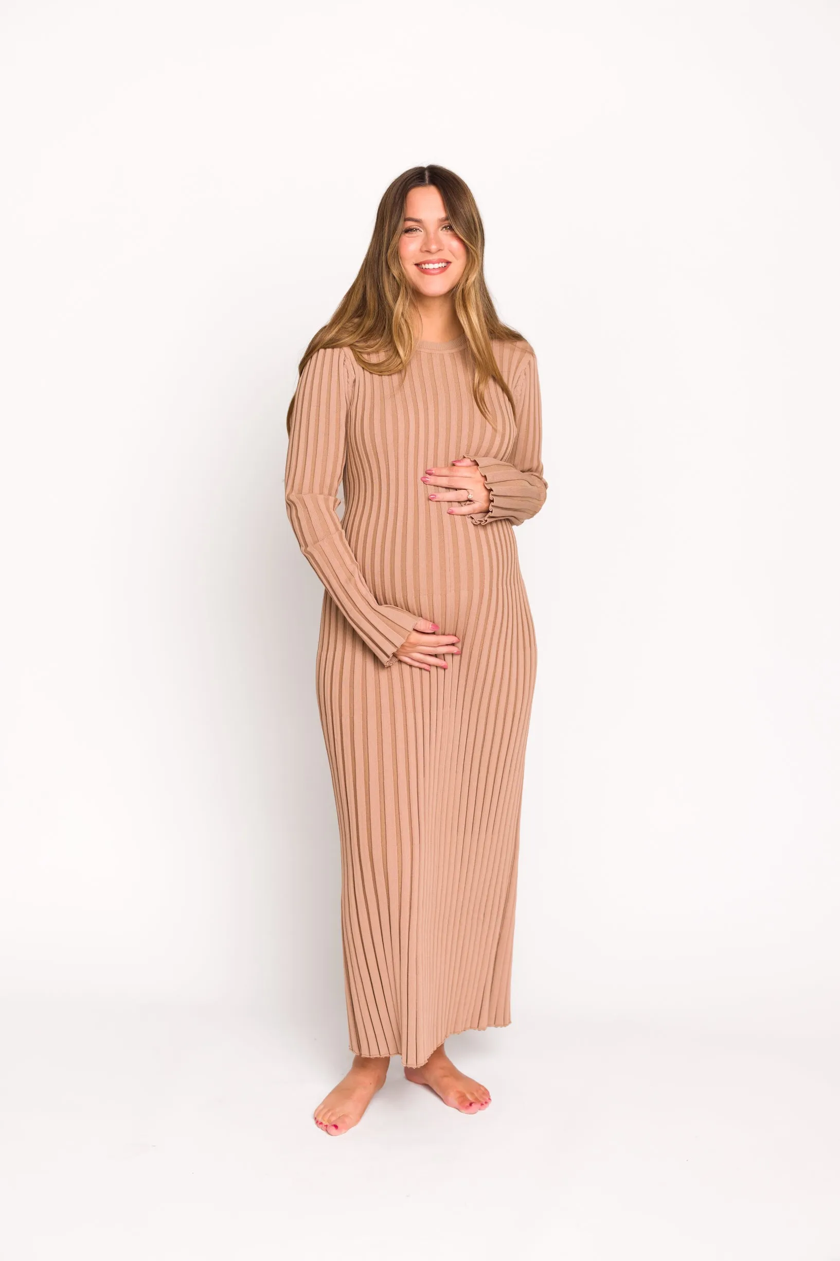 Colette Premium Long Sleeved Ribbed Knit Maxi Dress in Dark Natural - Bump Friendly