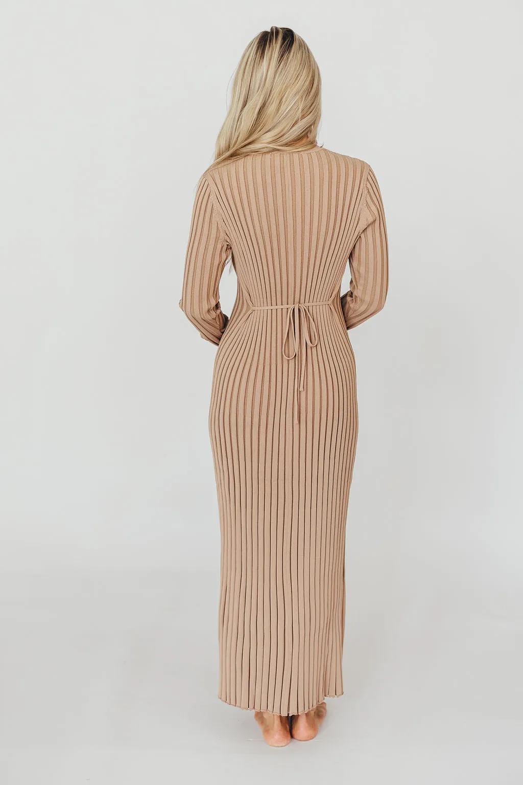 Colette Premium Long Sleeved Ribbed Knit Maxi Dress in Dark Natural - Bump Friendly