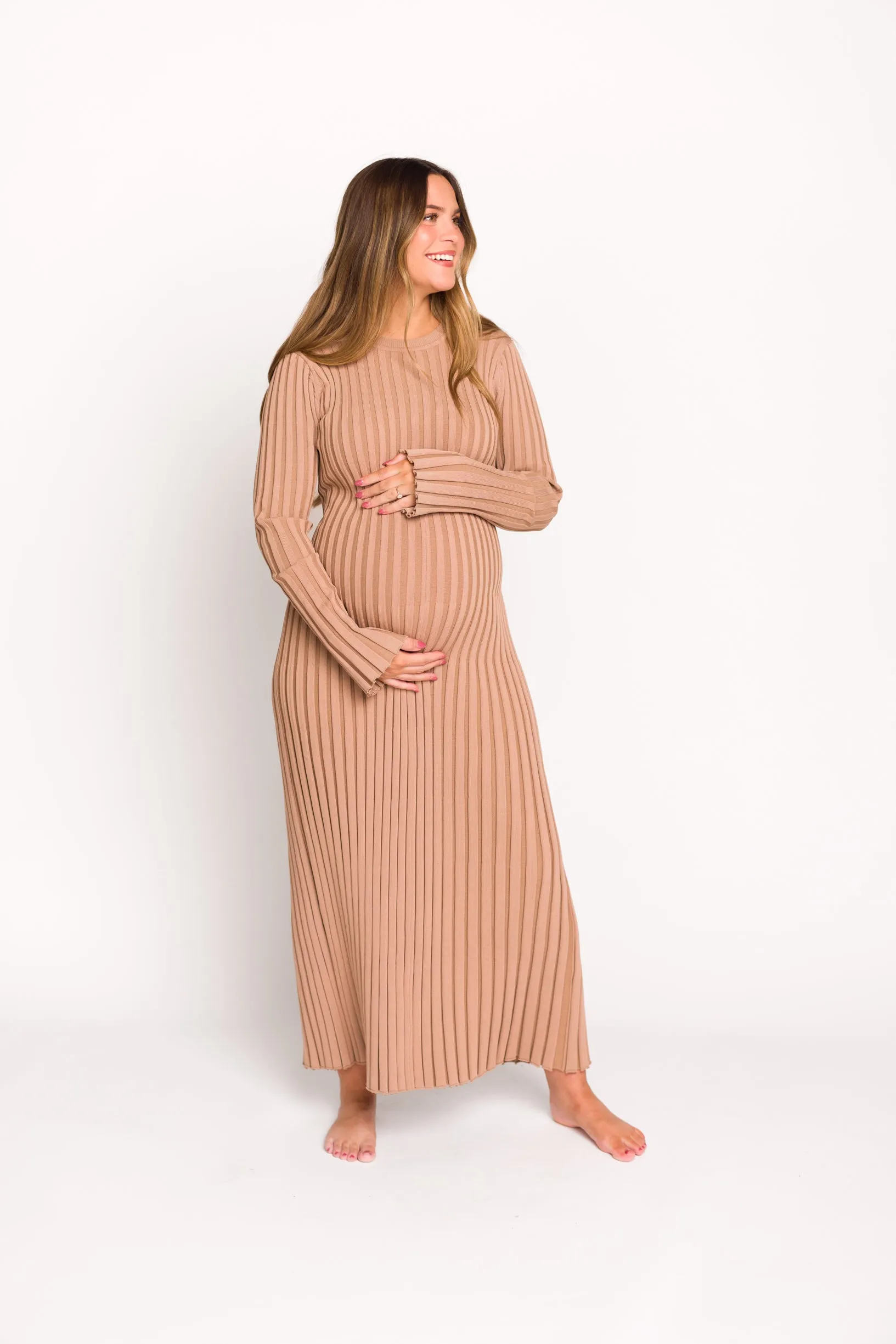 Colette Premium Long Sleeved Ribbed Knit Maxi Dress in Dark Natural - Bump Friendly