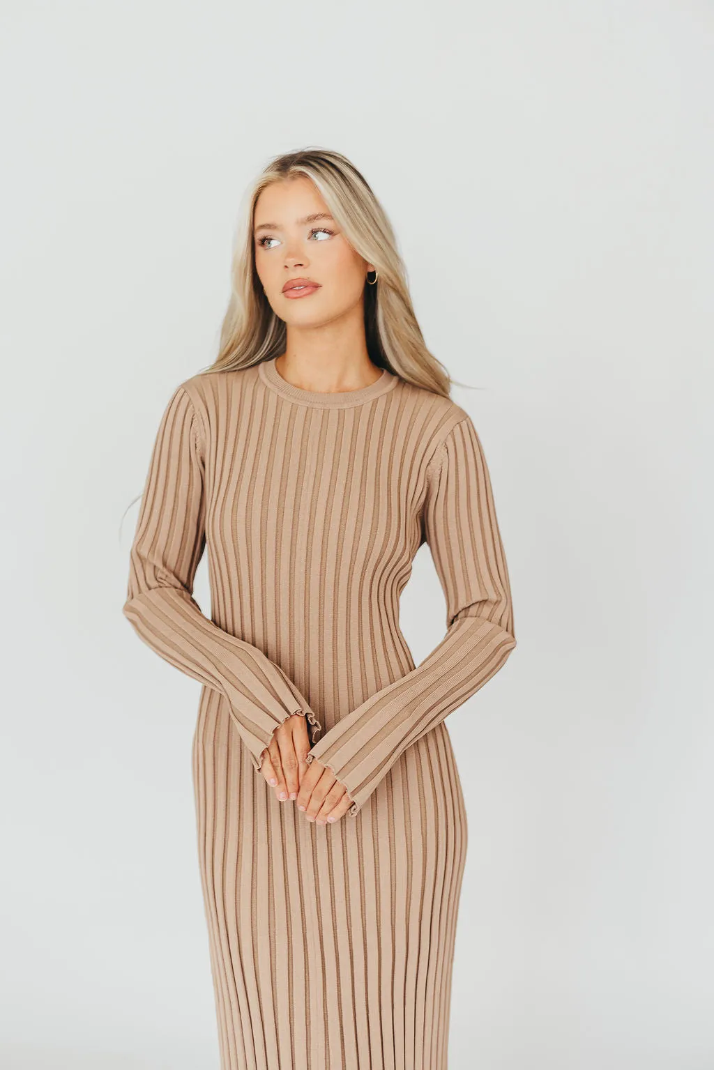 Colette Premium Long Sleeved Ribbed Knit Maxi Dress in Dark Natural - Bump Friendly