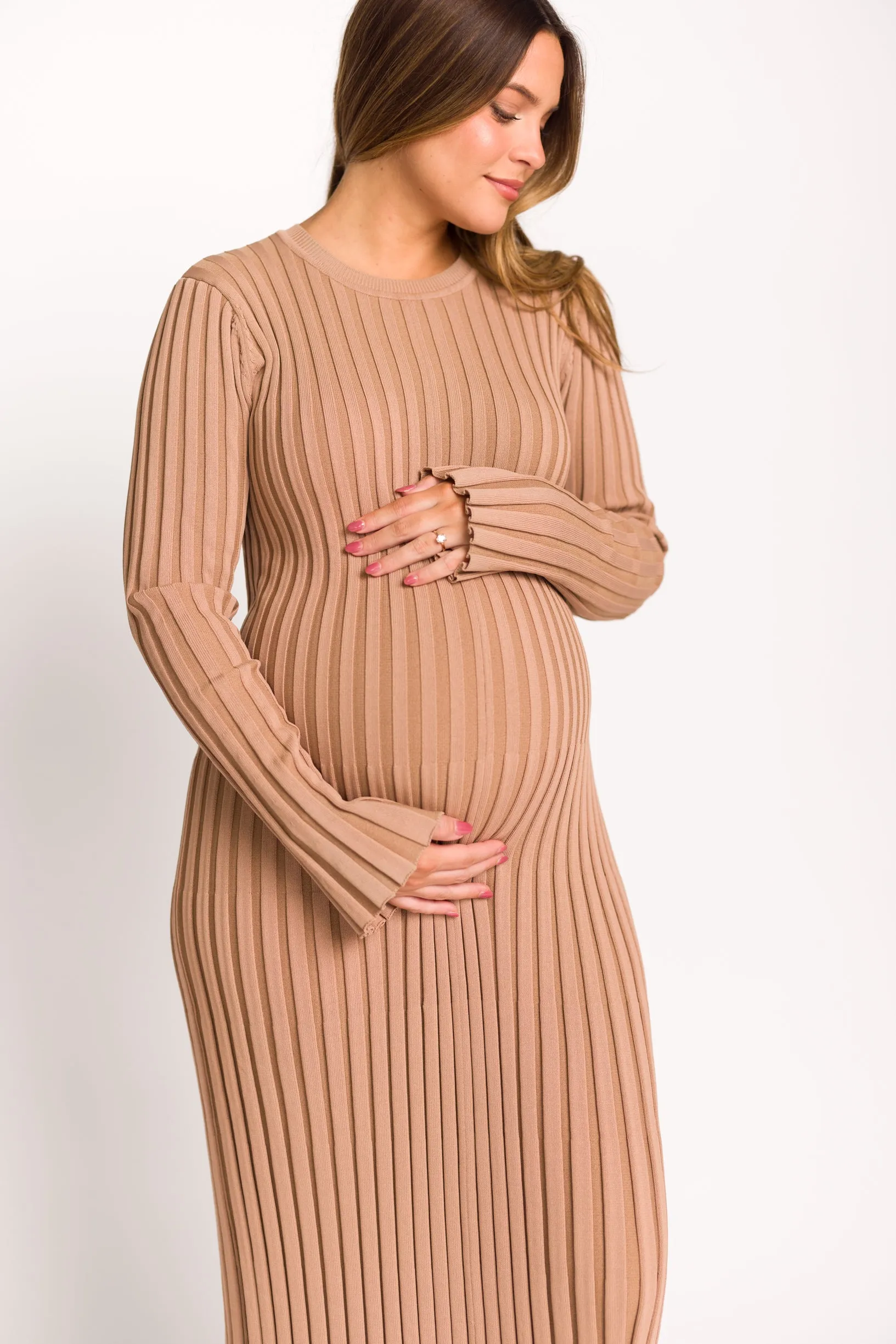 Colette Premium Long Sleeved Ribbed Knit Maxi Dress in Dark Natural - Bump Friendly