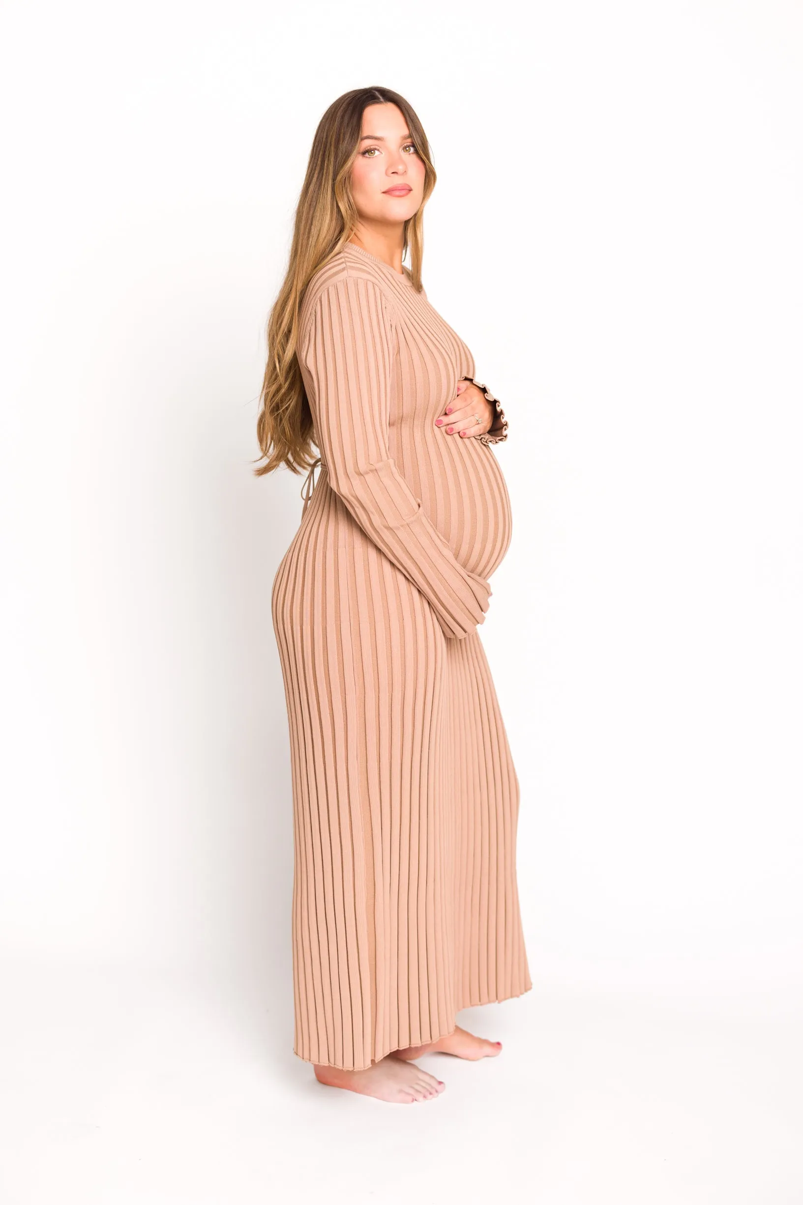 Colette Premium Long Sleeved Ribbed Knit Maxi Dress in Dark Natural - Bump Friendly