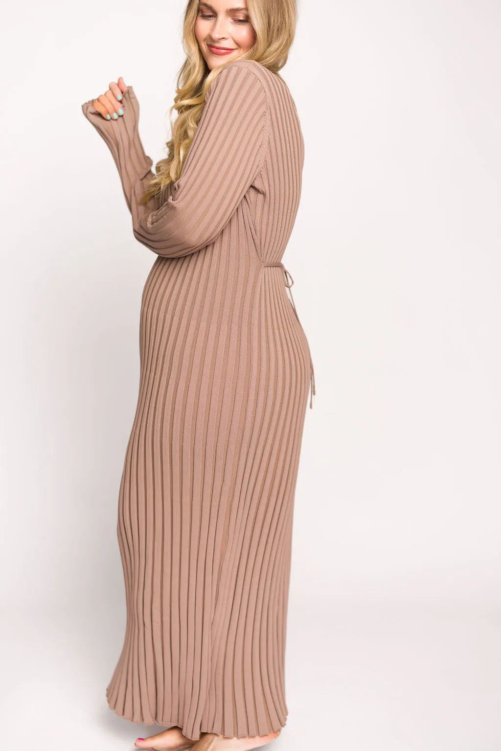 Colette Premium Long Sleeved Ribbed Knit Maxi Dress in Dark Natural - Bump Friendly