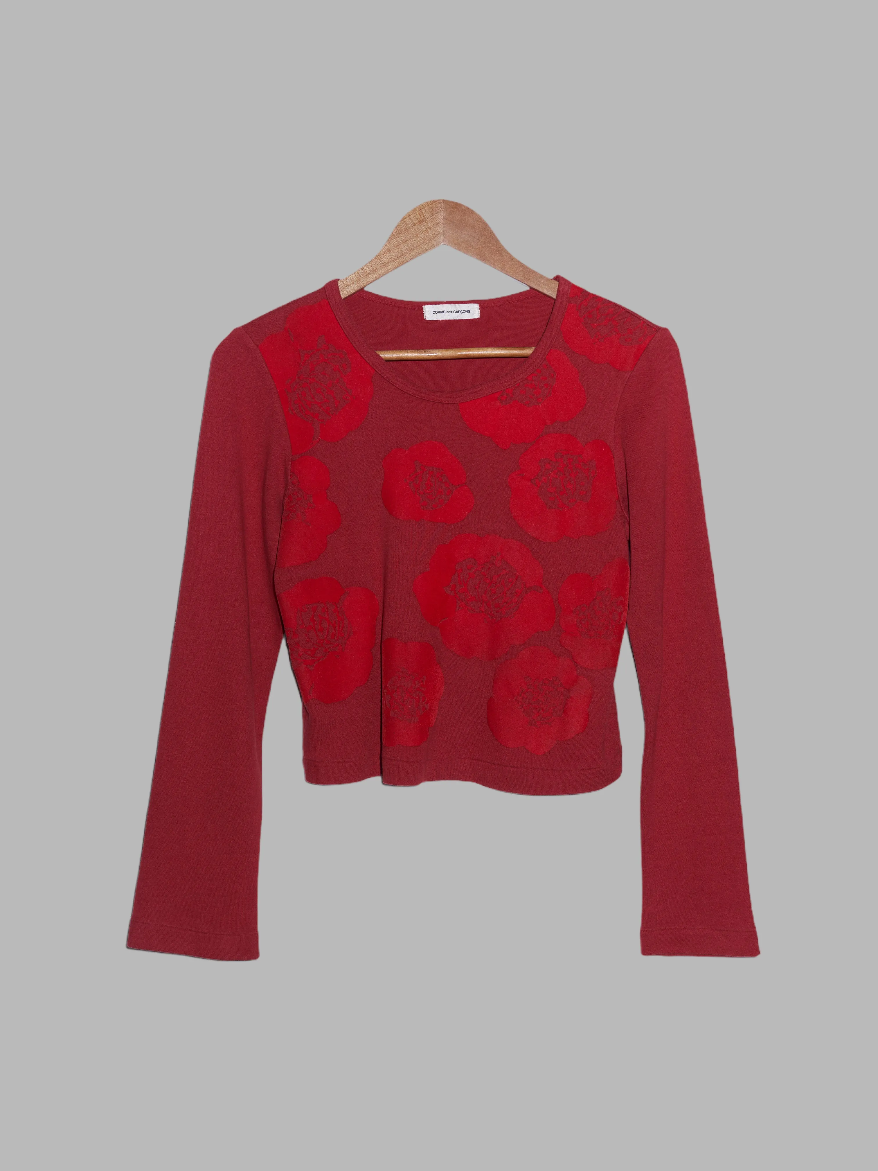 Comme des Garcons AW1996 red cotton top with brushed flower applique