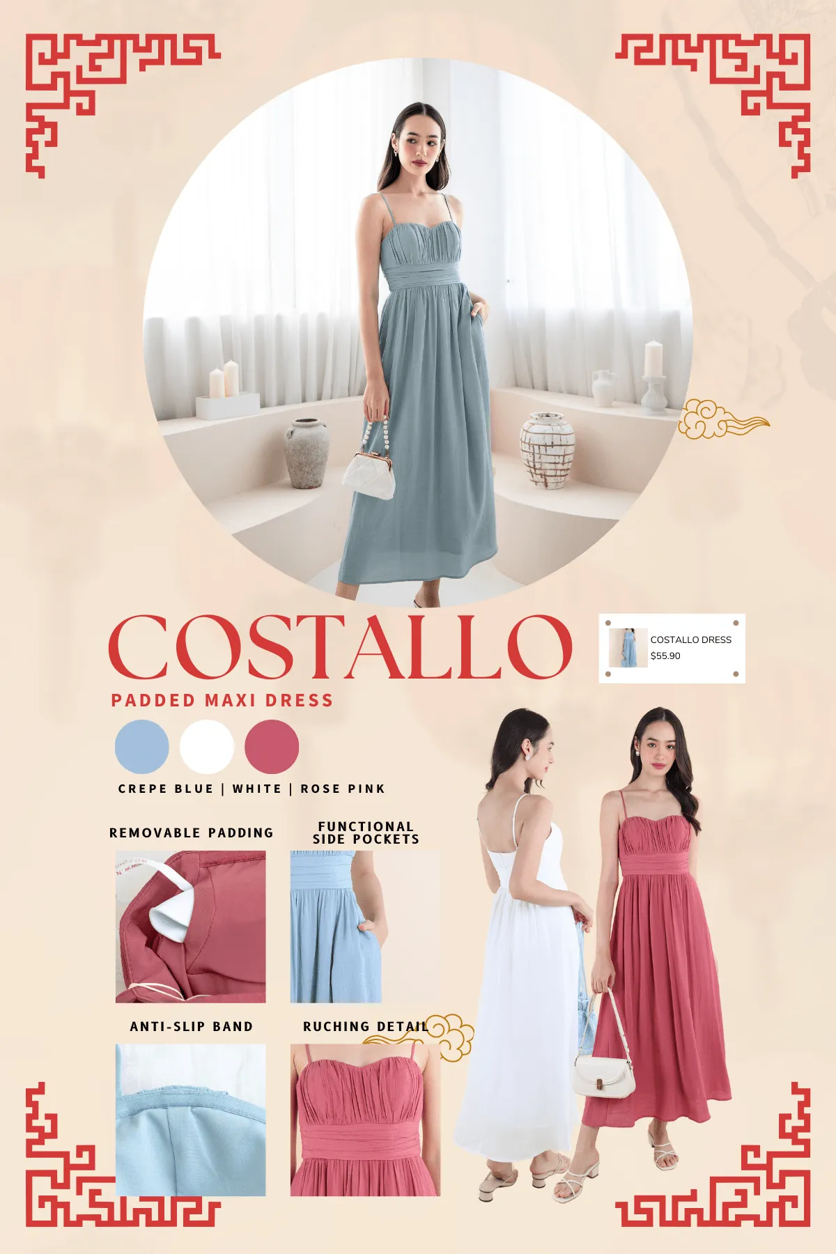 COSTALLO PADDED MAXI DRESS IN ROSE PINK