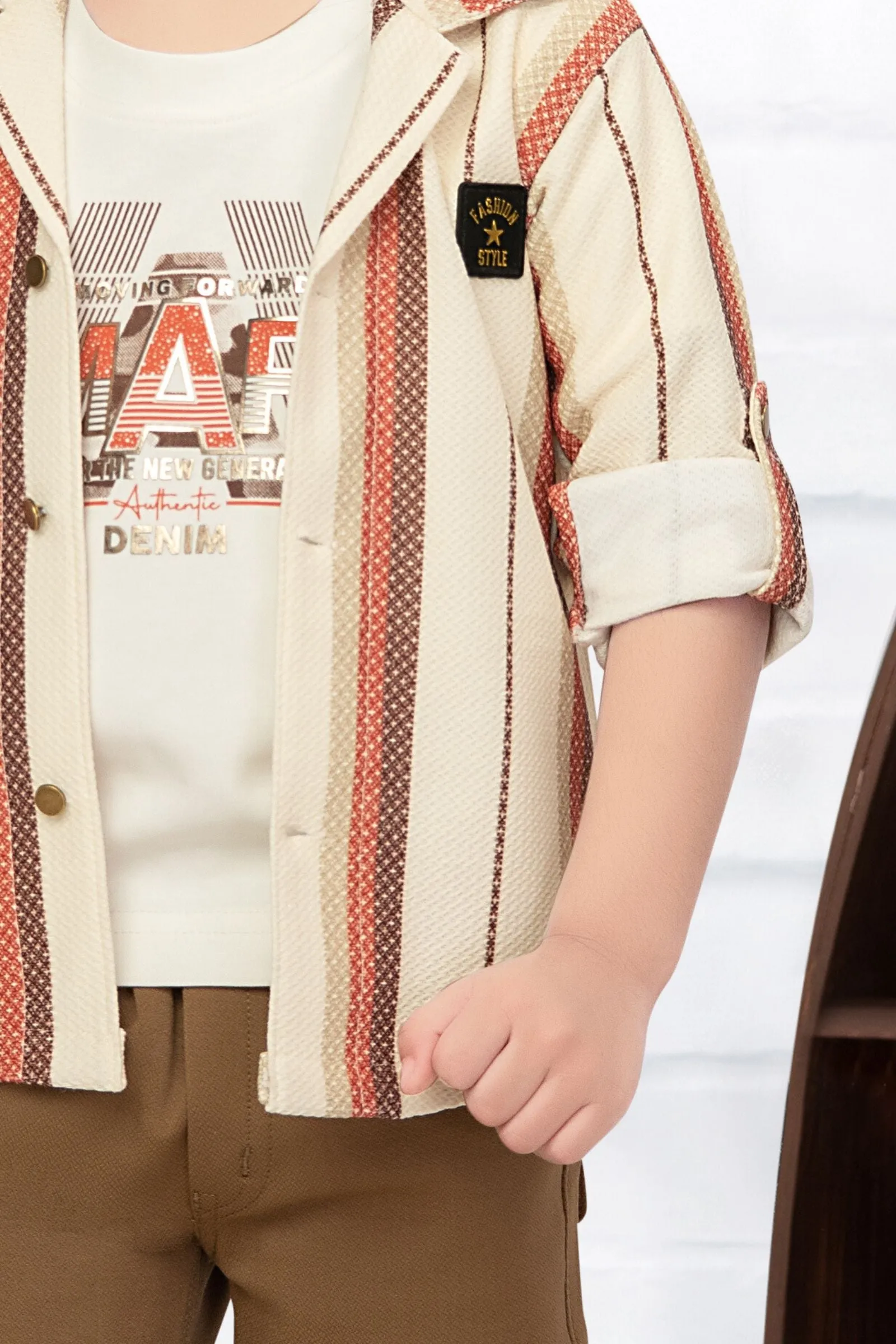 Cream with Fawn Printed Blazer, T-Shirt and Brown Pant Set for Boys