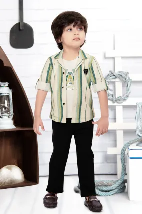 Cream with Green Printed Blazer, T-Shirt and Black Pant Set for Boys