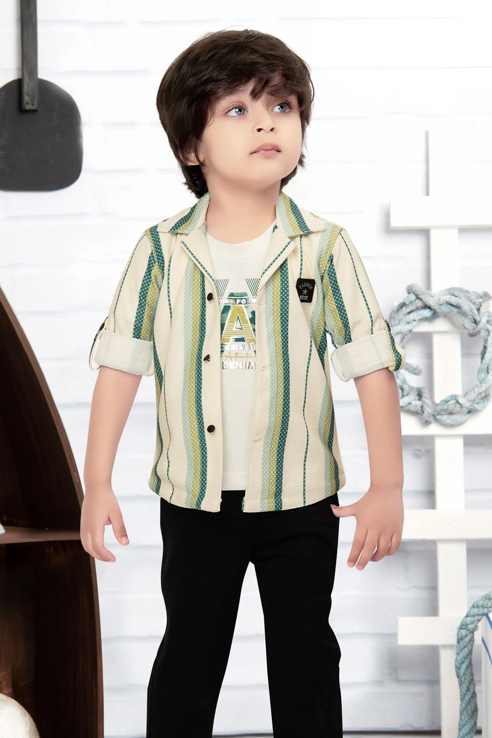 Cream with Green Printed Blazer, T-Shirt and Black Pant Set for Boys