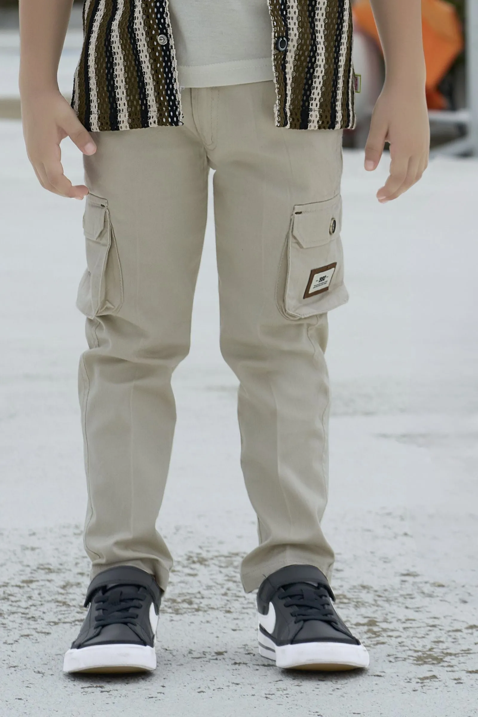 Cream with Multicolor Knitted Shirt, T-Shirt and Cargo Pant Set for Boys