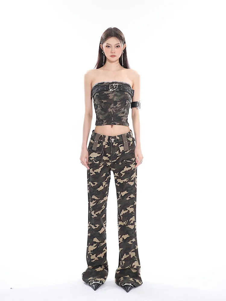 Crista Denim Army Green Camouflage Bandeau Strap Sleeveless Cropped Top