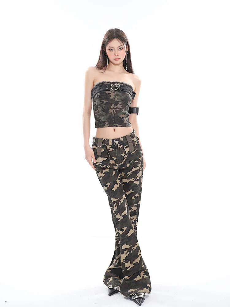 Crista Denim Army Green Camouflage Bandeau Strap Sleeveless Cropped Top