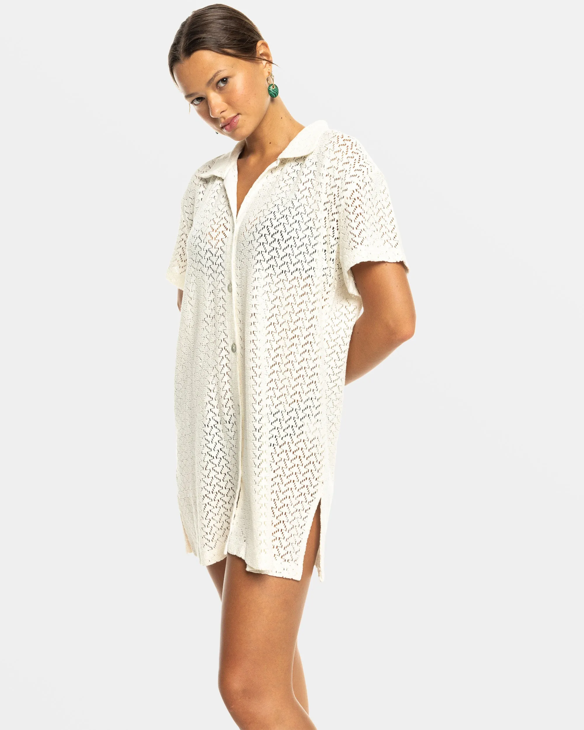 Dalia Beach Crochet Shirt Dress - Egret