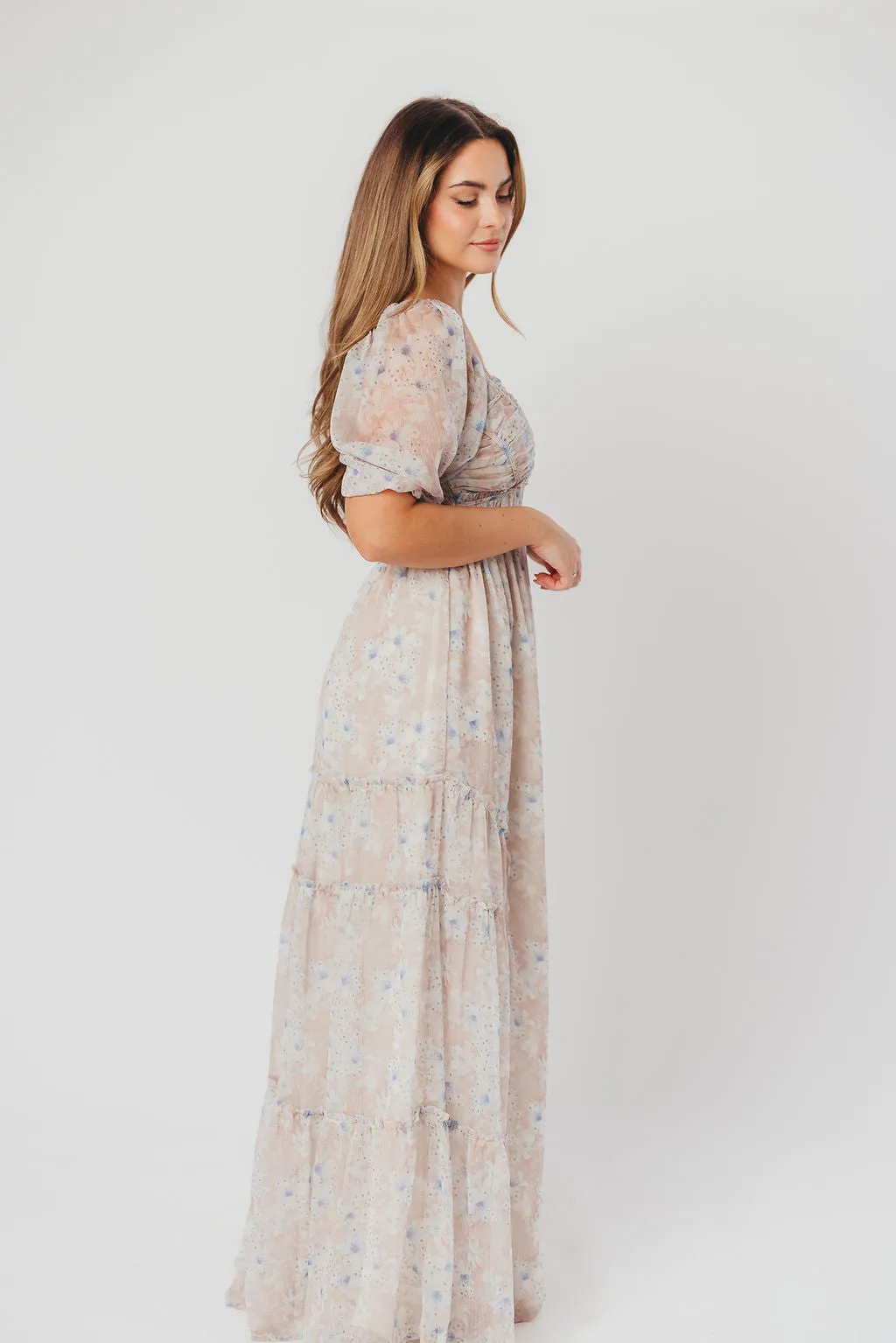 Daphne Maxi Dress in Beige Blue Floral - Bump Friendly & Inclusive Sizing (S-3XL)