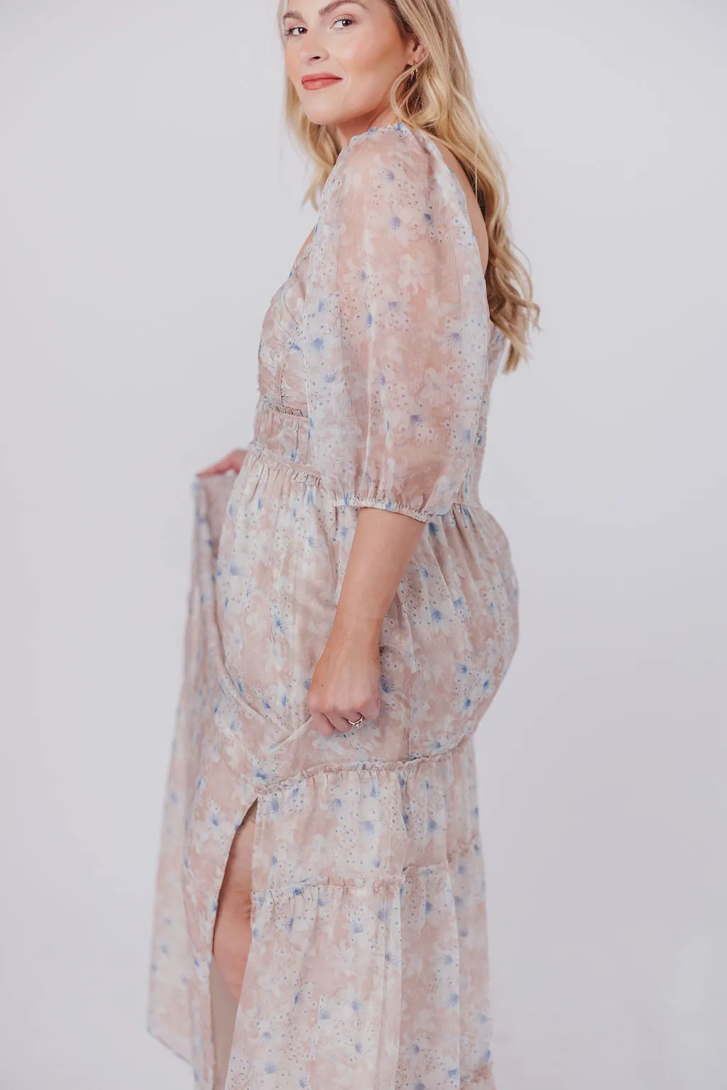 Daphne Maxi Dress in Beige Blue Floral - Bump Friendly & Inclusive Sizing (S-3XL)