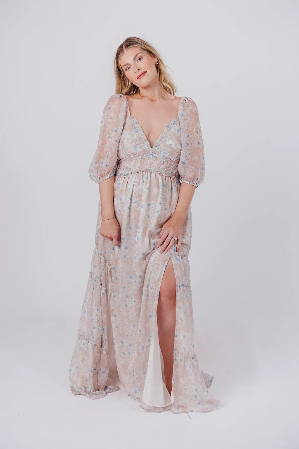 Daphne Maxi Dress in Beige Blue Floral - Bump Friendly & Inclusive Sizing (S-3XL)