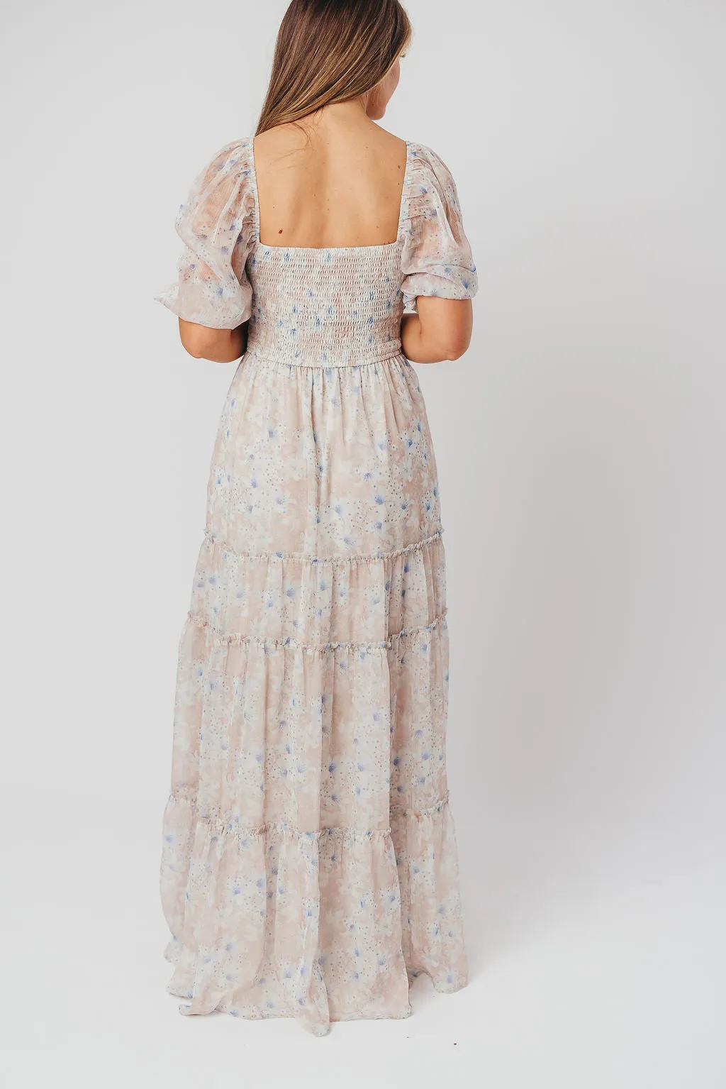 Daphne Maxi Dress in Beige Blue Floral - Bump Friendly & Inclusive Sizing (S-3XL)