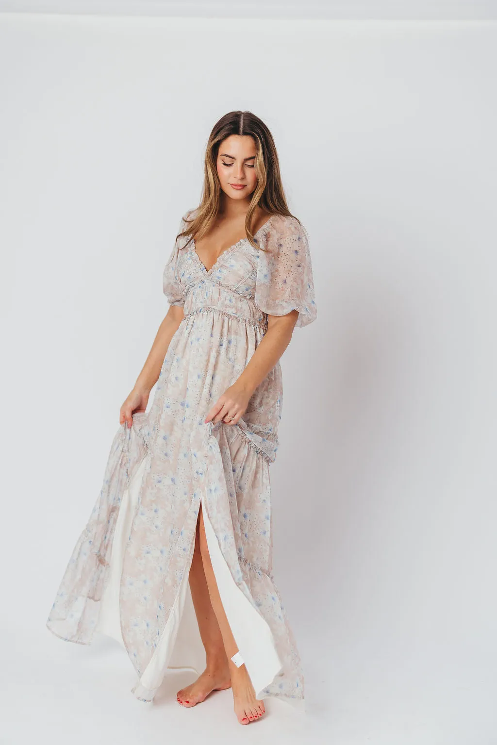 Daphne Maxi Dress in Beige Blue Floral - Bump Friendly & Inclusive Sizing (S-3XL)