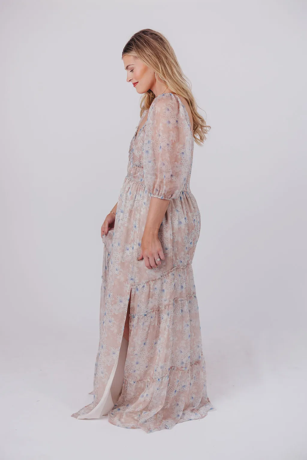 Daphne Maxi Dress in Beige Blue Floral - Bump Friendly & Inclusive Sizing (S-3XL)