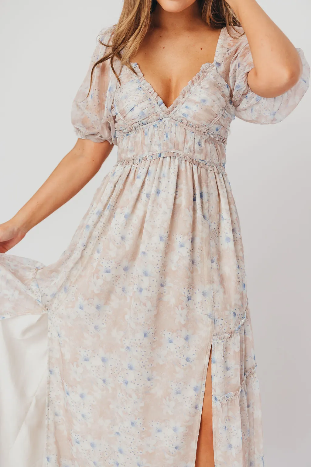 Daphne Maxi Dress in Beige Blue Floral - Bump Friendly & Inclusive Sizing (S-3XL)