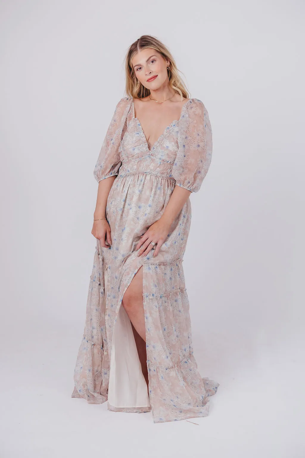 Daphne Maxi Dress in Beige Blue Floral - Bump Friendly & Inclusive Sizing (S-3XL)