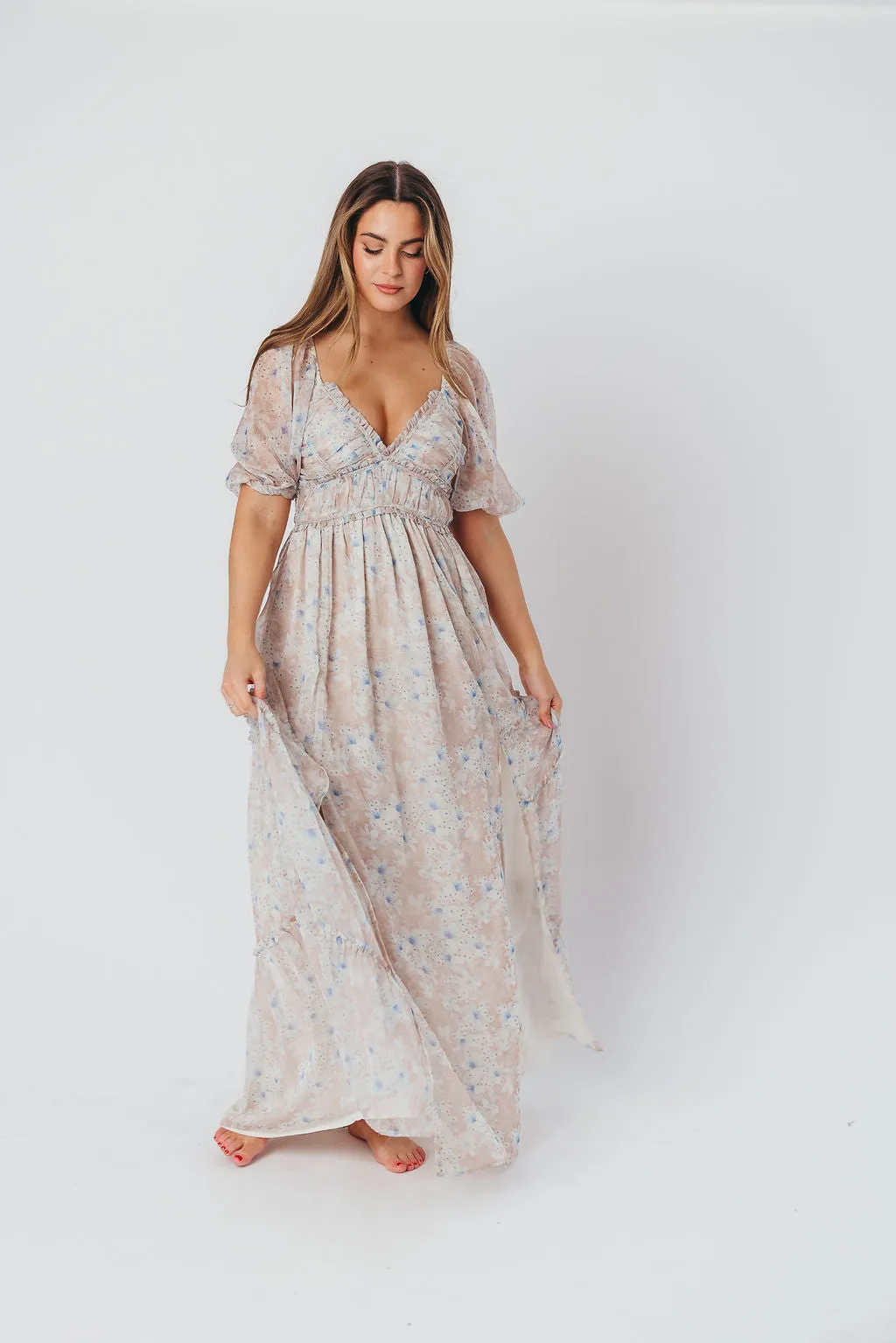 Daphne Maxi Dress in Beige Blue Floral - Bump Friendly & Inclusive Sizing (S-3XL)