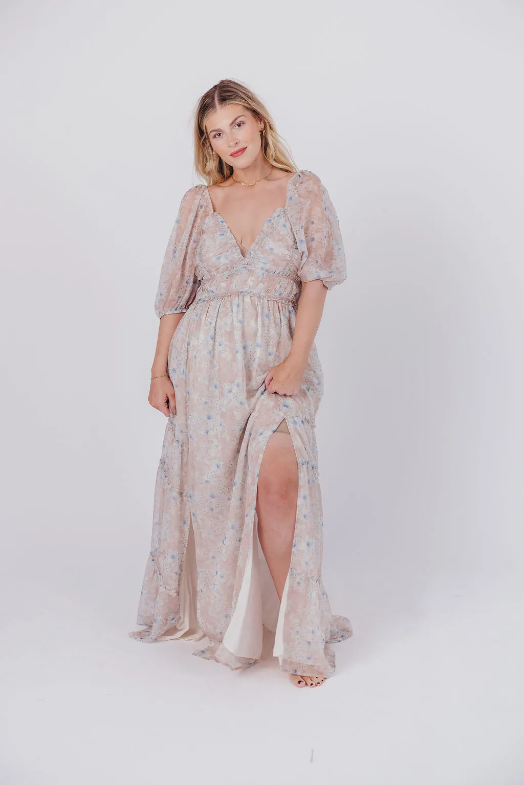 Daphne Maxi Dress in Beige Blue Floral - Bump Friendly & Inclusive Sizing (S-3XL)