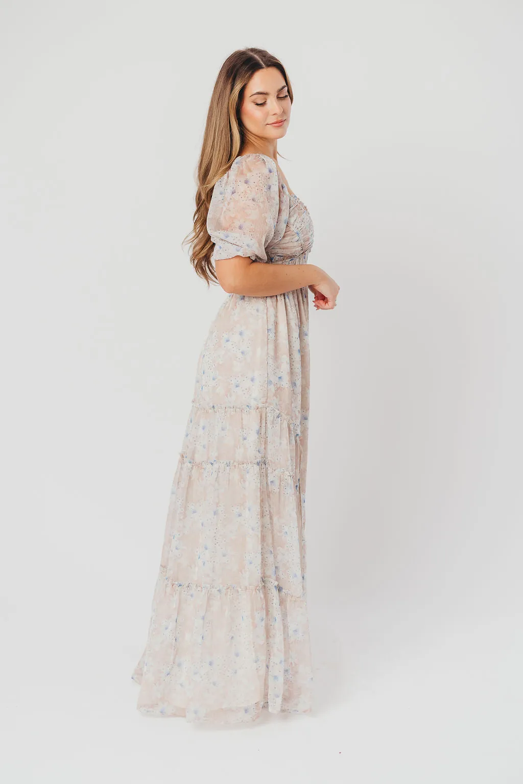 Daphne Maxi Dress in Beige Blue Floral - Bump Friendly & Inclusive Sizing (S-3XL)