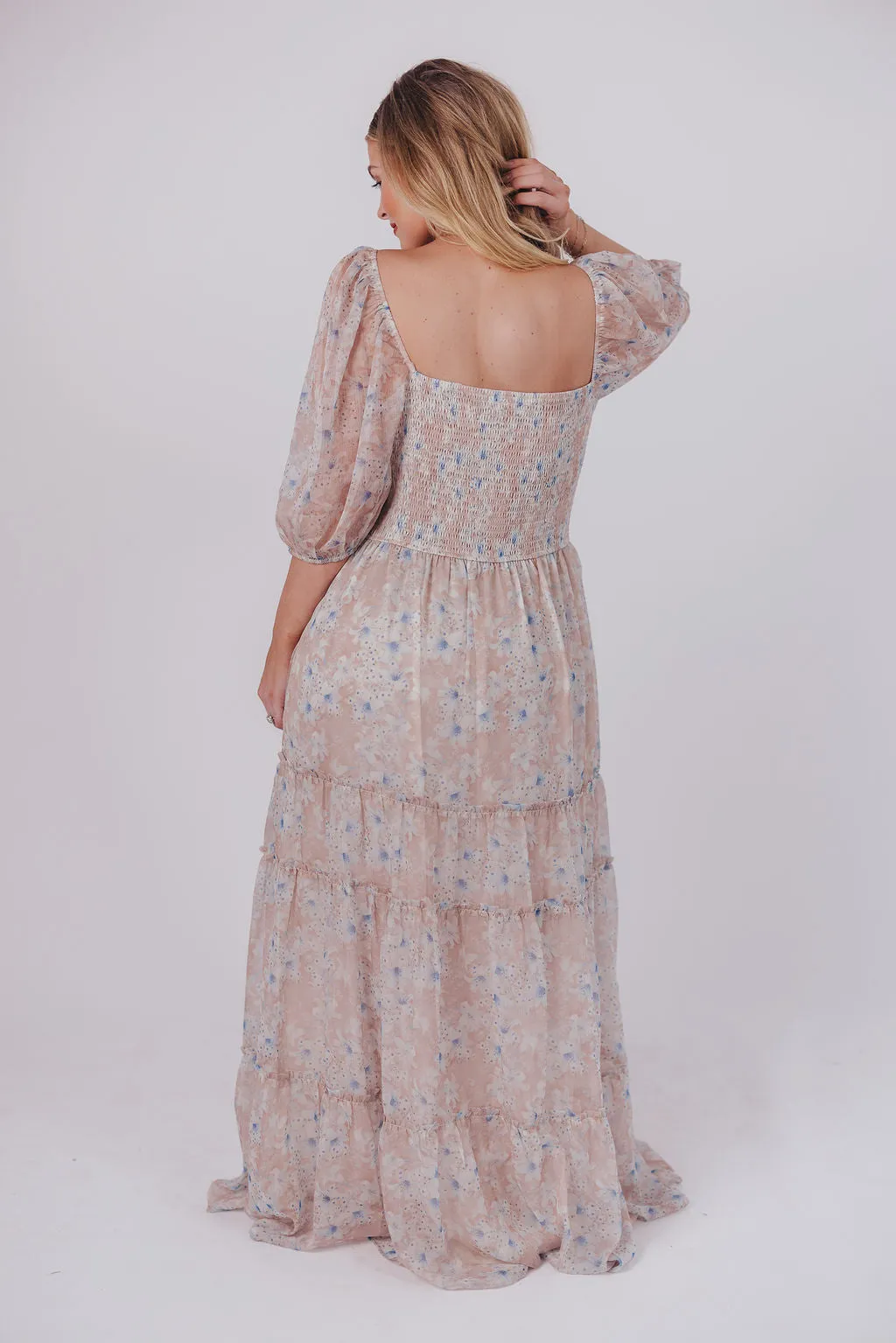 Daphne Maxi Dress in Beige Blue Floral - Bump Friendly & Inclusive Sizing (S-3XL)