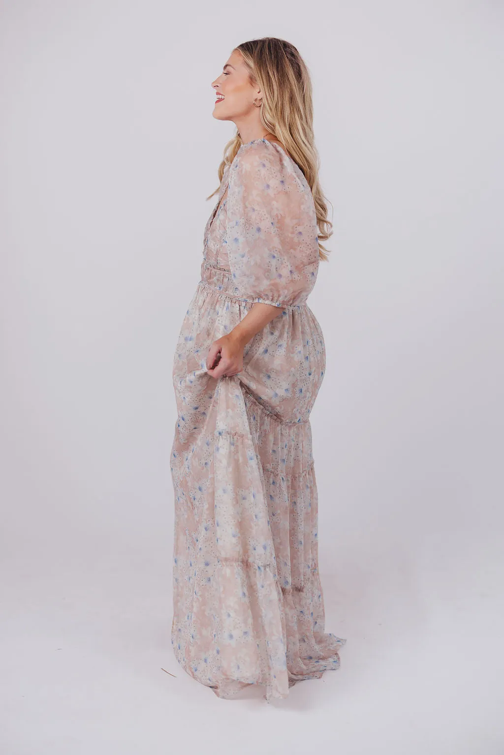 Daphne Maxi Dress in Beige Blue Floral - Bump Friendly & Inclusive Sizing (S-3XL)