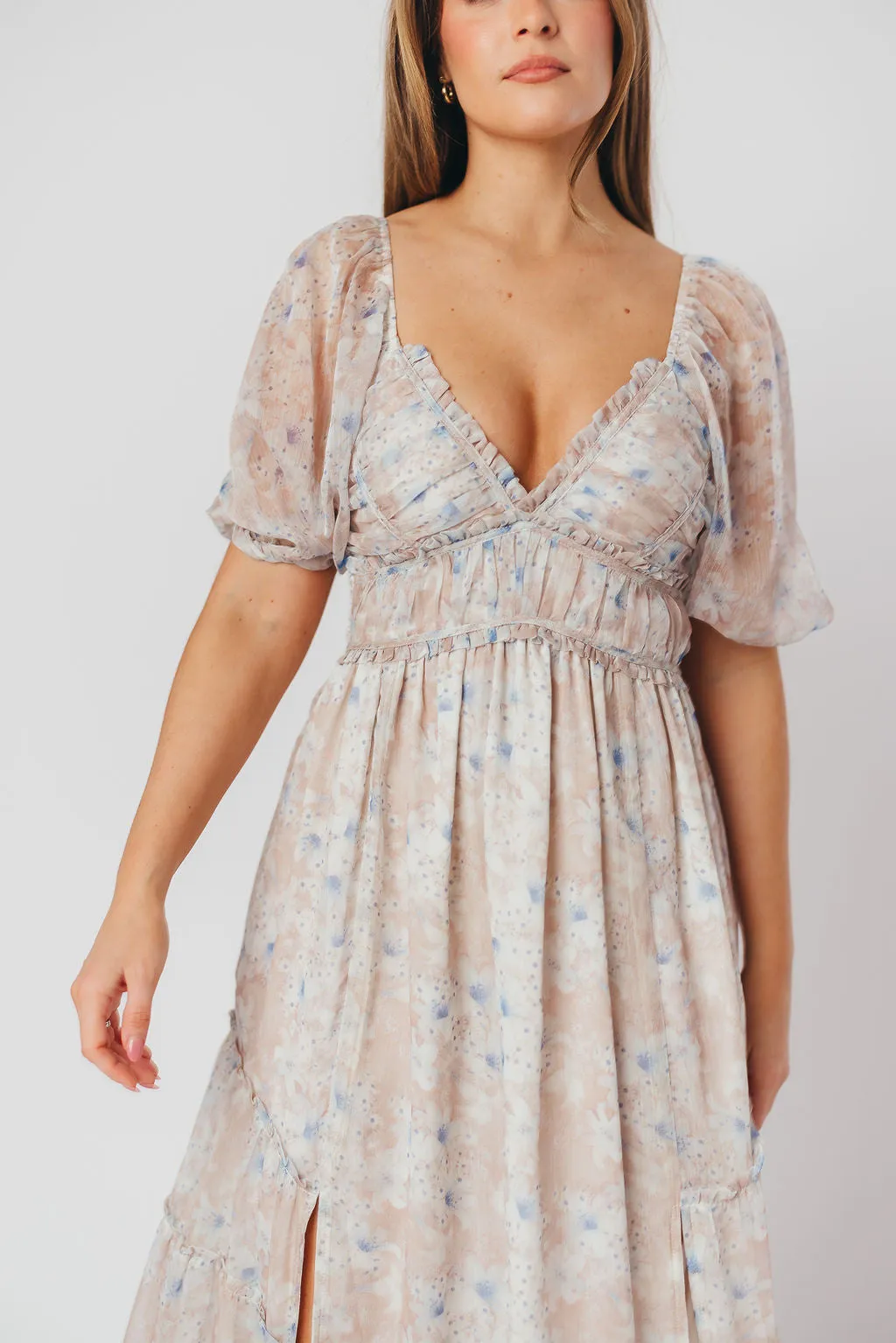 Daphne Maxi Dress in Beige Blue Floral - Bump Friendly & Inclusive Sizing (S-3XL)