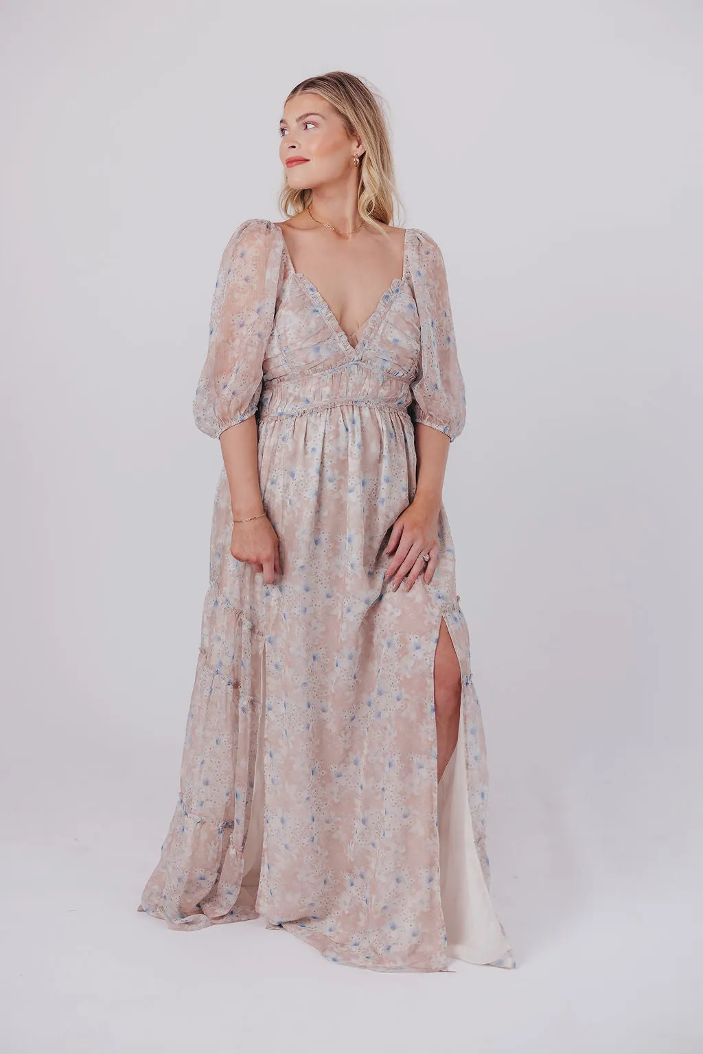 Daphne Maxi Dress in Beige Blue Floral - Bump Friendly & Inclusive Sizing (S-3XL)