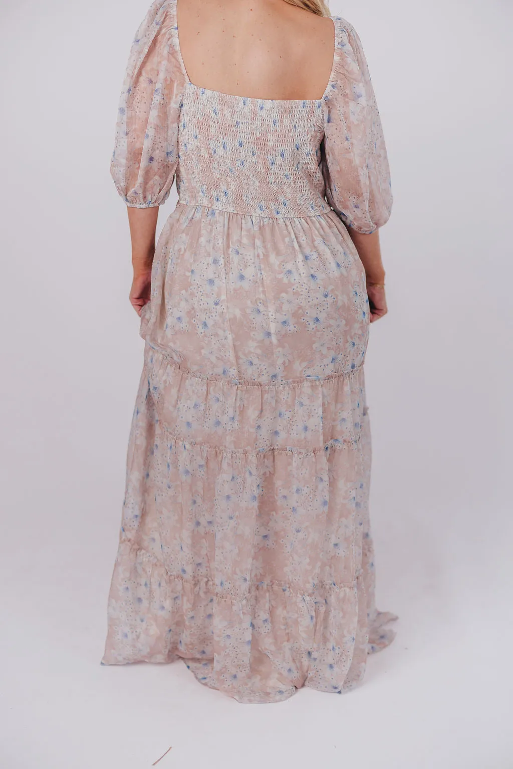 Daphne Maxi Dress in Beige Blue Floral - Bump Friendly & Inclusive Sizing (S-3XL)