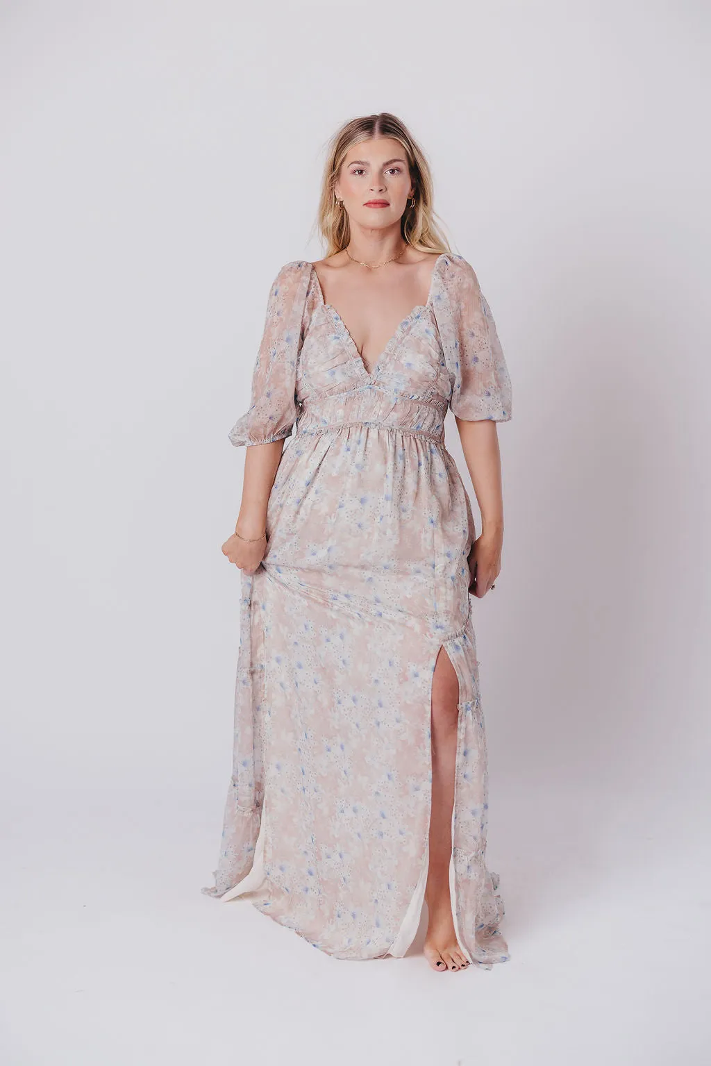 Daphne Maxi Dress in Beige Blue Floral - Bump Friendly & Inclusive Sizing (S-3XL)