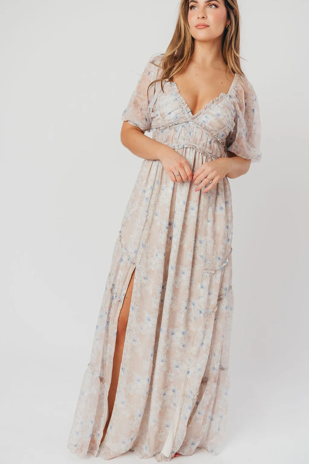 Daphne Maxi Dress in Beige Blue Floral - Bump Friendly & Inclusive Sizing (S-3XL)