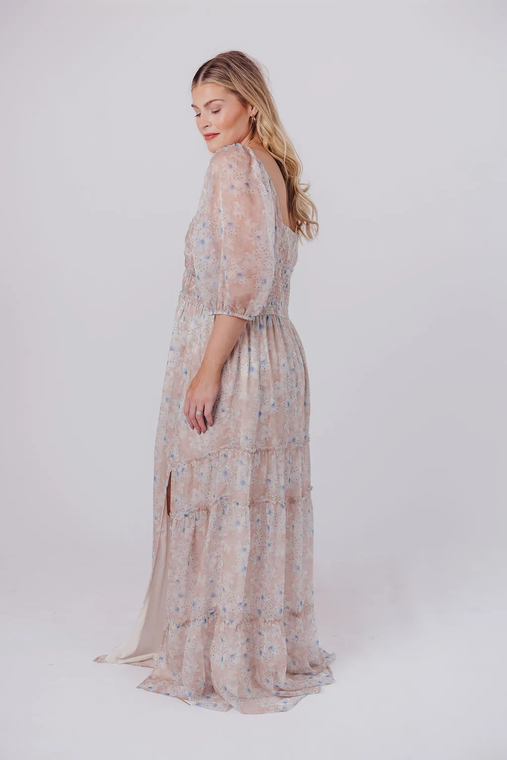 Daphne Maxi Dress in Beige Blue Floral - Bump Friendly & Inclusive Sizing (S-3XL)