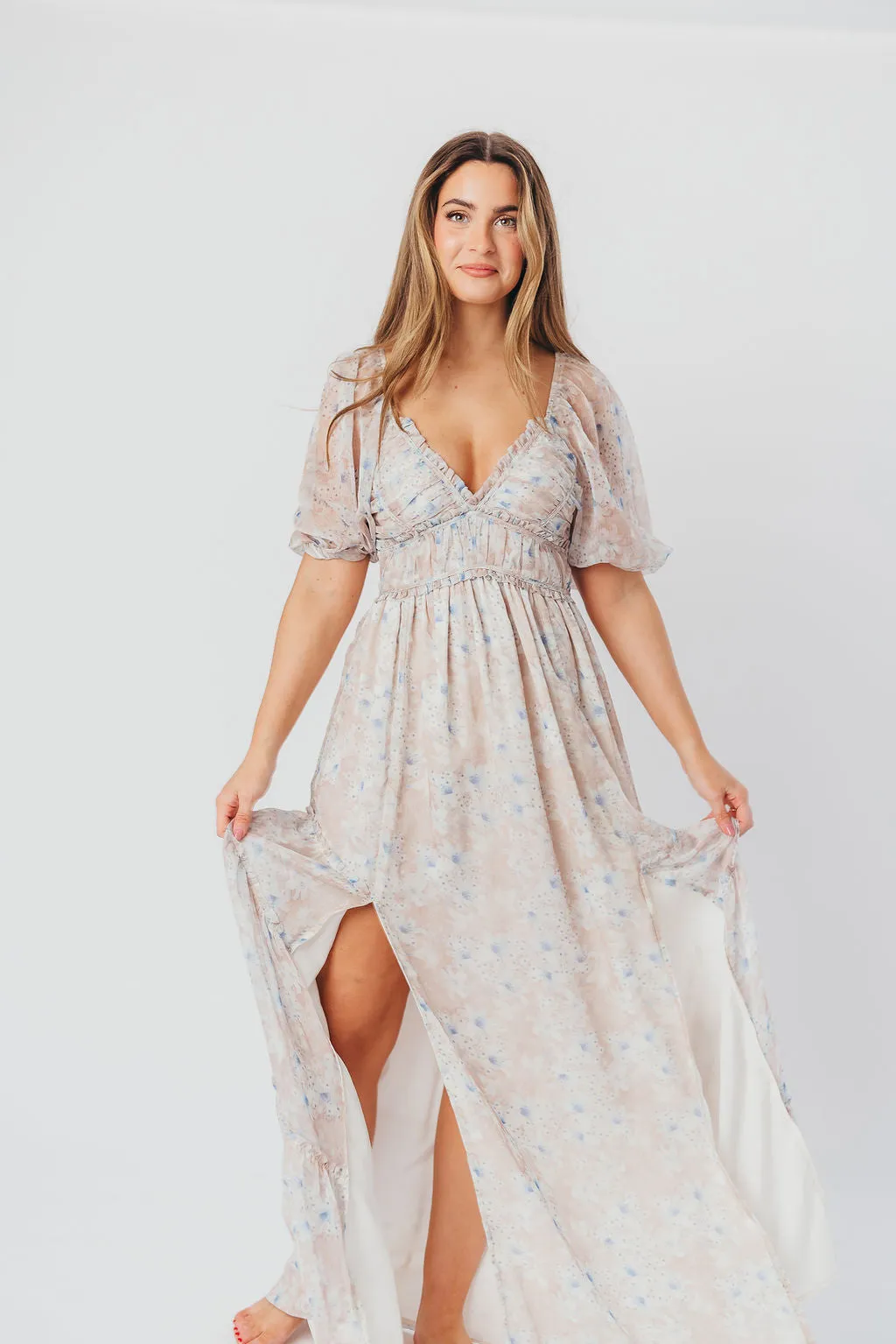 Daphne Maxi Dress in Beige Blue Floral - Bump Friendly & Inclusive Sizing (S-3XL)