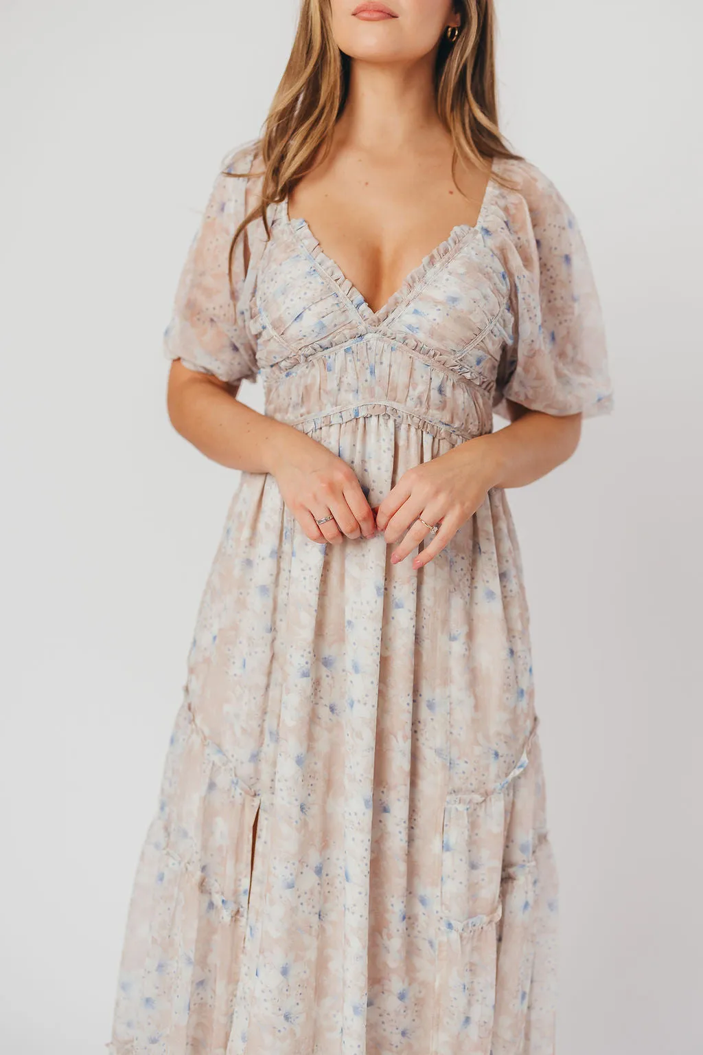 Daphne Maxi Dress in Beige Blue Floral - Bump Friendly & Inclusive Sizing (S-3XL)