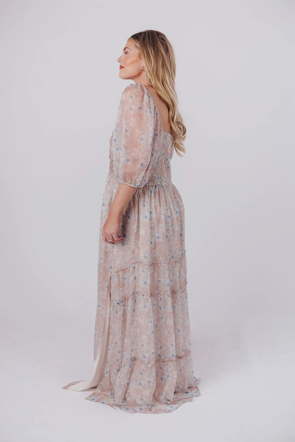 Daphne Maxi Dress in Beige Blue Floral - Bump Friendly & Inclusive Sizing (S-3XL)