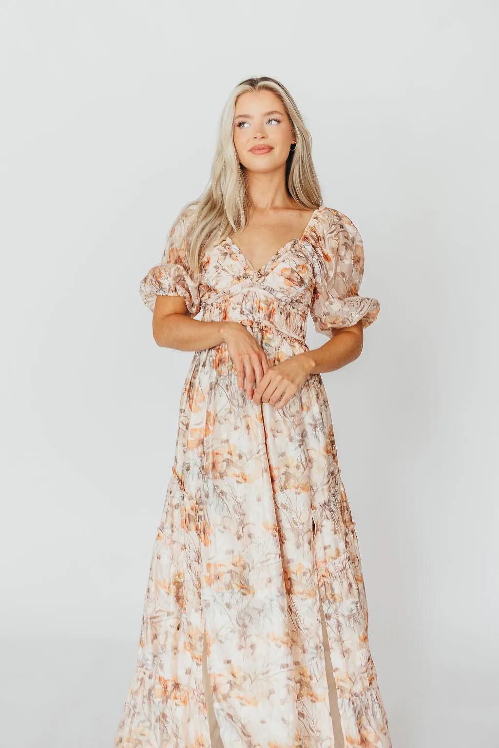 Daphne Maxi Dress in Beige Multi - Bump Friendly & Inclusive Sizing (S-3XL)